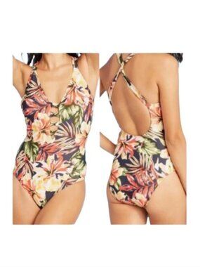Kona Sol Women's Floral Hibiscus One Piece Swimsuit In Small NWT
